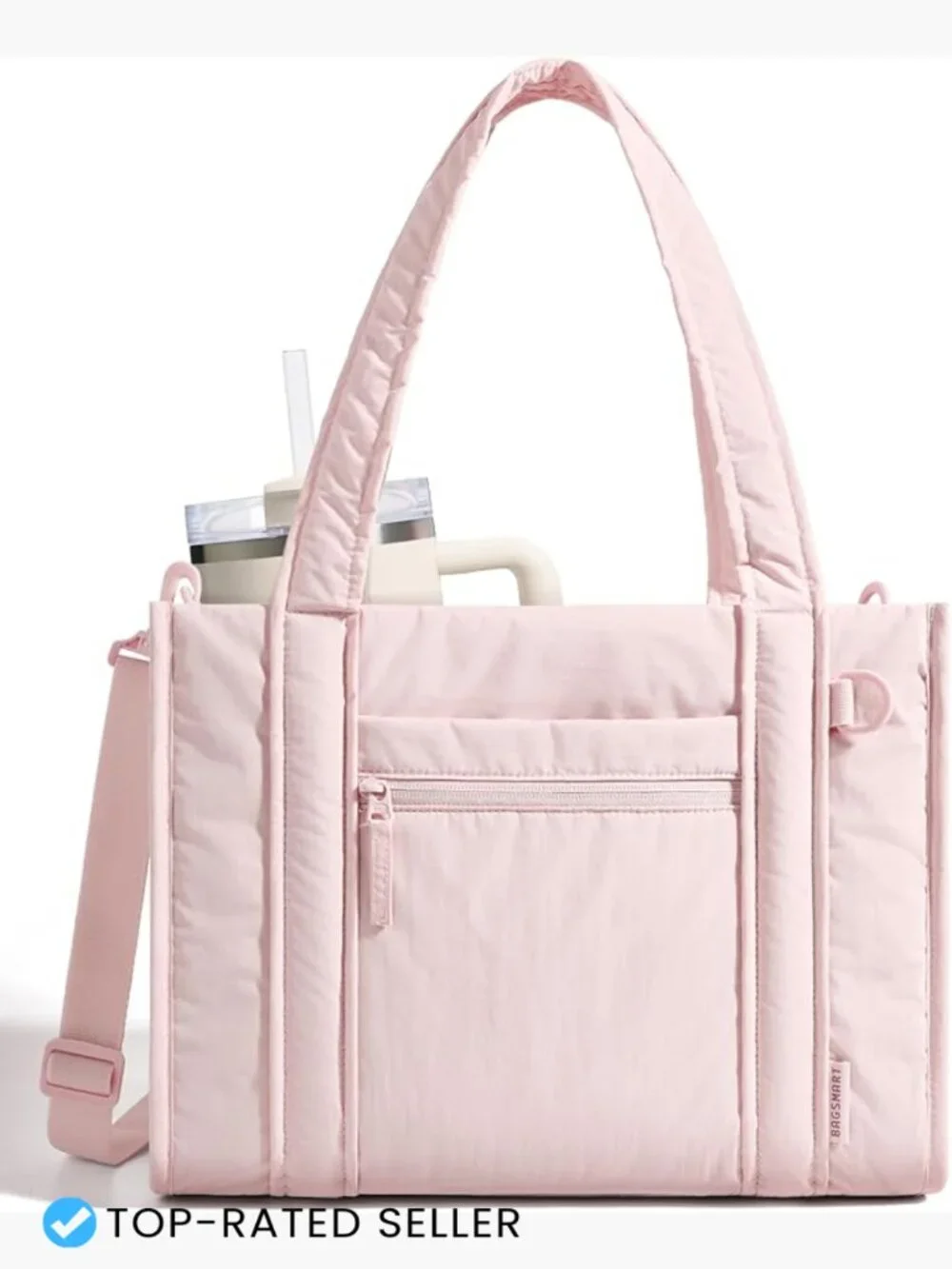 Quilted Puffer Tote Bag with Crossbody Strap Laptop Compartment Travel Work